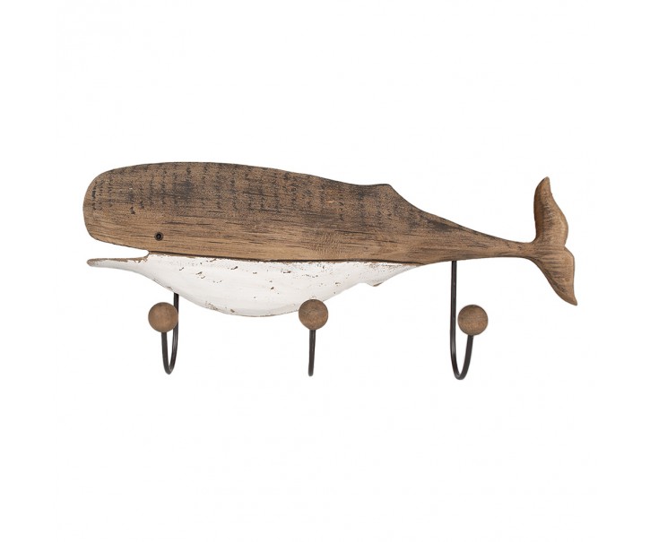 Hnědý antik dřevěný nástěnný věšák se 3-mi háčky Velryba - 53*10*23 cm Clayre & Eef