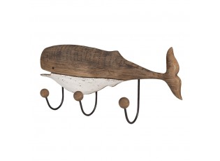 Hnědý antik dřevěný nástěnný věšák se 3-mi háčky Velryba Nauticco - 53*10*23 cm