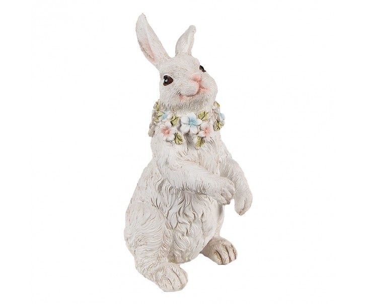 Bílá antik dekorace králík s květy kolem krku - 12*9*20 cm Clayre & Eef
