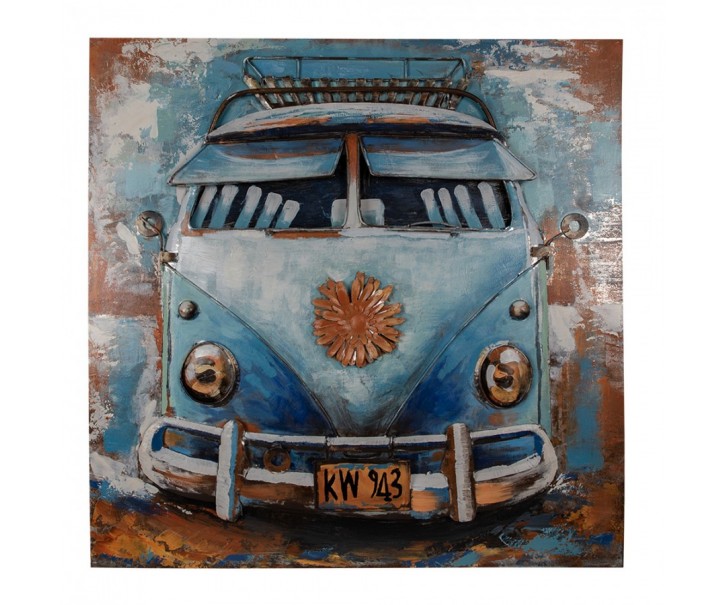 3D modrý kovový obraz s obytným vozem Blue Iron Camper - 80*5*80 cm