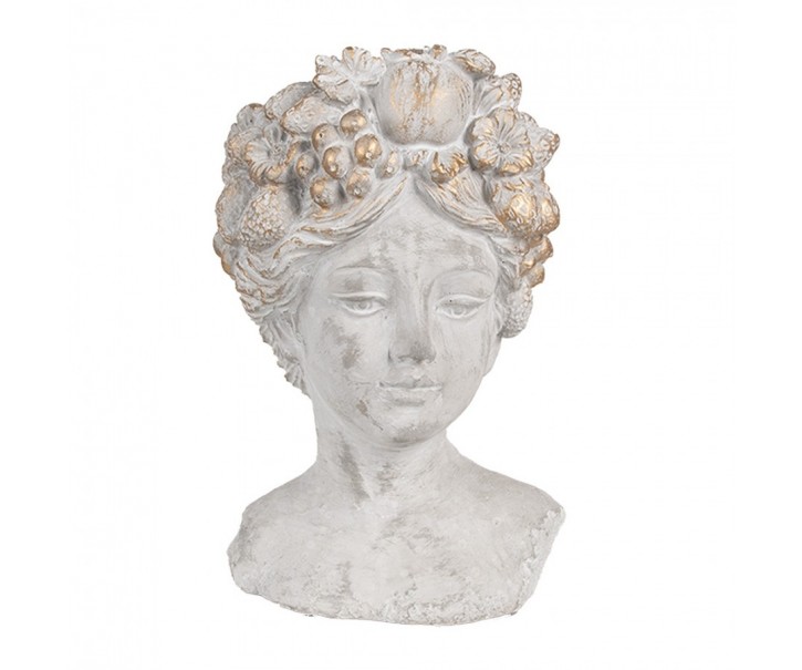 Šedý antik cementový květináč hlava ženy s květy S - 14*14*22 cm Clayre & Eef