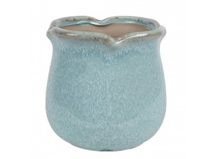 Modrý keramický obal na květináč s vlnitým okrajem M - Ø 12*12 cm