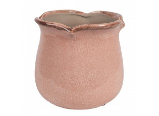 Růžový keramický obal na květináč s vlnitým okrajem L - Ø 16*15 cm