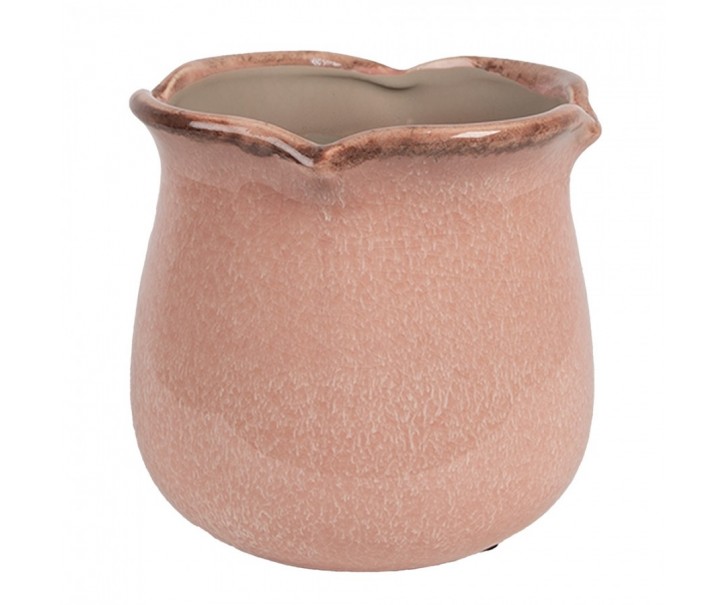 Růžový keramický obal na květináč s vlnitým okrajem L - Ø 16*15 cm Clayre & Eef