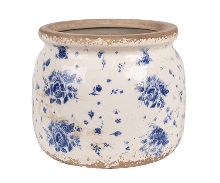 Béžový keramický obal na květináč s modrými růžemi Blue Rose M - Ø 16*13 cm Clayre & Eef