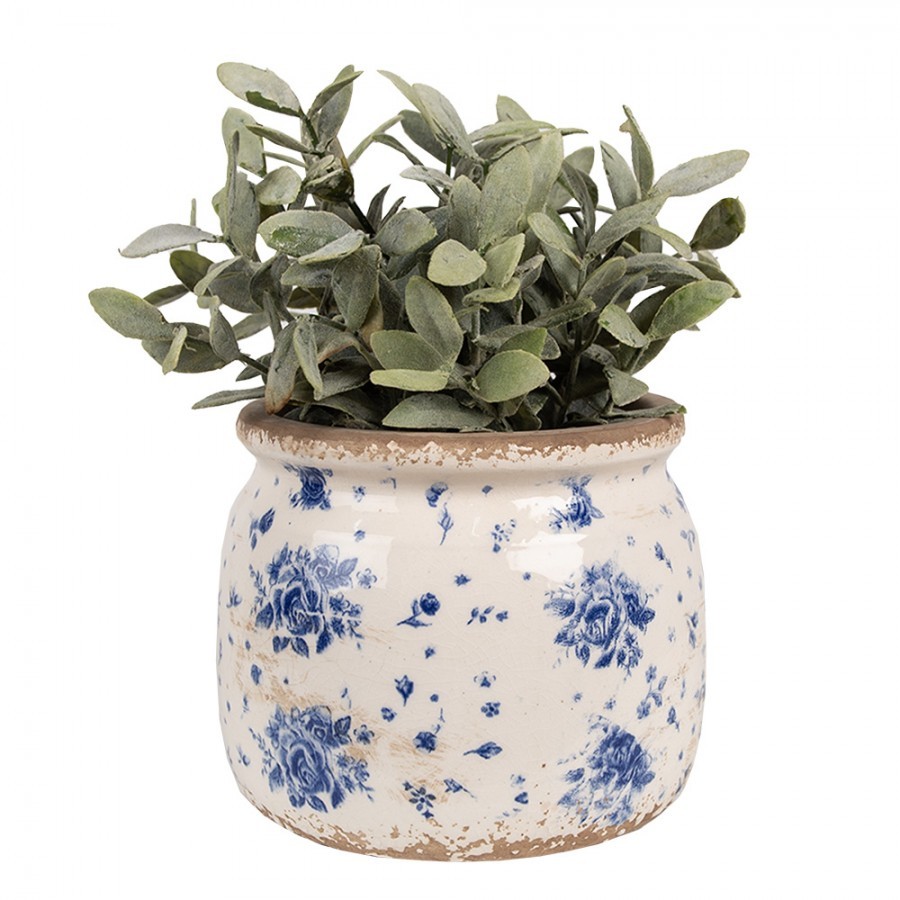 Béžový keramický obal na květináč s modrými růžemi Blue Rose M - Ø 16*13 cm Clayre & Eef Béžový keramický obal na květináč s modrými růžemi Blue Rose M - Ø 16*13 cm Clayre & Eef