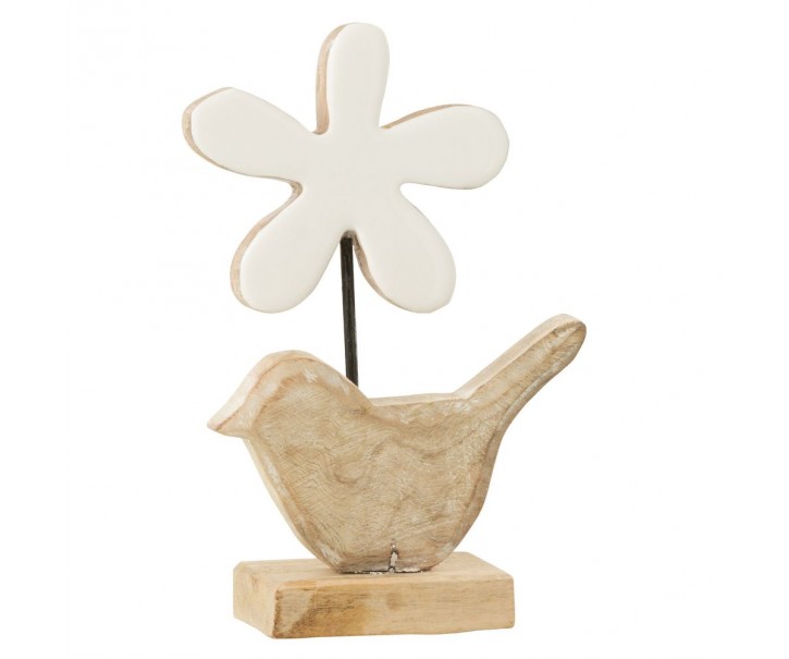 Dřevěná dekorace ptáček s bílou květinou - 12*5*19 cm J-Line by Jolipa