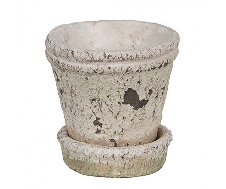 Béžový antik cementový květináč s miskou S - Ø 9*9 cm Clayre & Eef