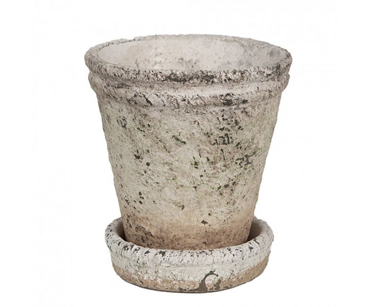 Béžový antik cementový květináč s miskou M - Ø 11*12 cm Clayre & Eef