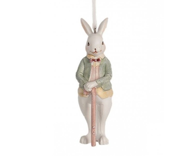 Závěsná ozdobná dekorace králík v saku s holí - 4*4*10 cm Clayre & Eef