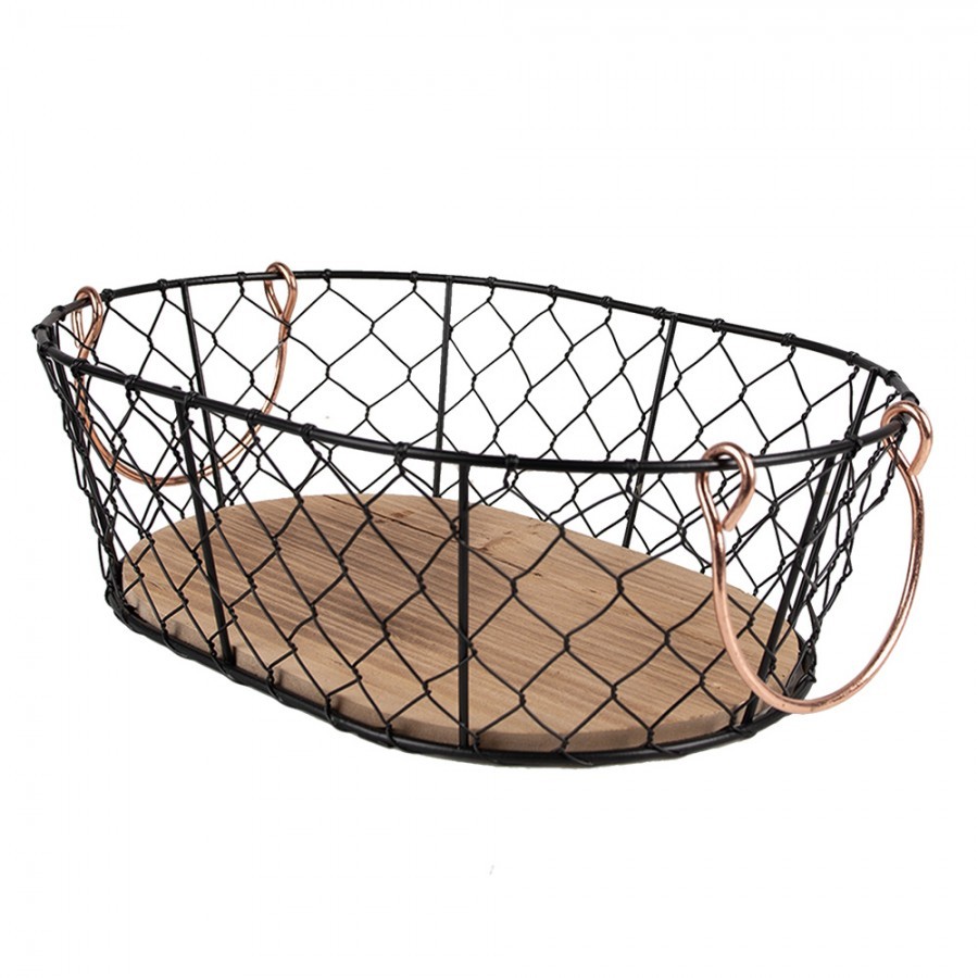 Černý drátěný úložný oválný koš s dřevěným dnem - 33*23*10 cm Clayre & Eef Černý drátěný úložný oválný koš s dřevěným dnem - 33*23*10 cm Clayre & Eef