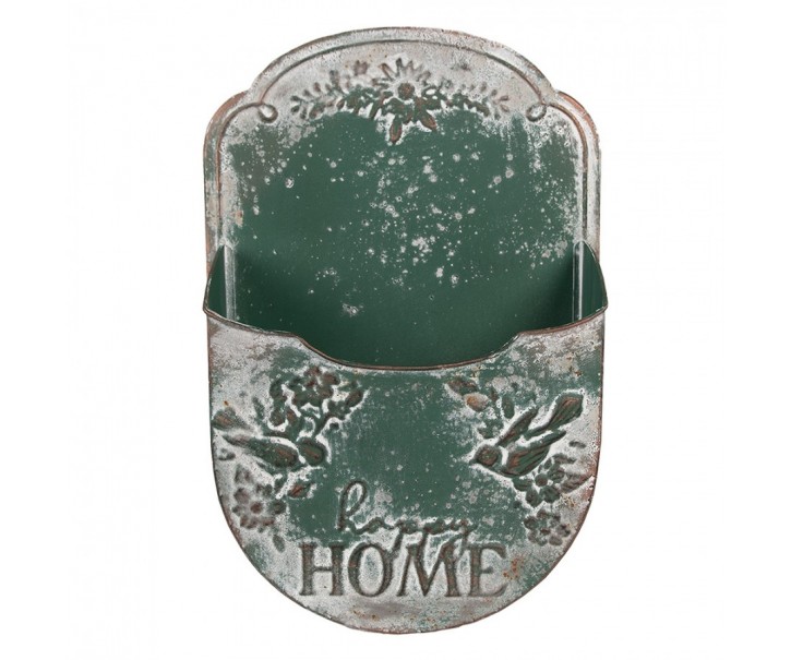 Zelený antik plechový nástěnný držák na květiny Happy Home - 28*9*41 cm