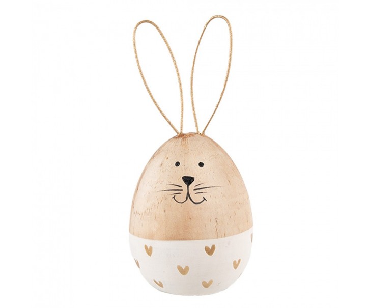 Bílo-hnědá dřevěná dekorativní figurka vejce králík - Ø 6*14 cm Clayre & Eef