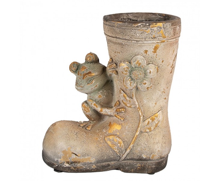Dekorativní květináč vysoká bota s květinou a žabkou - 26*15*30 cm Clayre & Eef