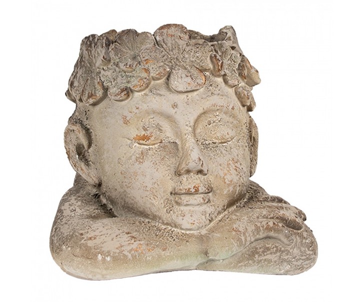 Šedo-béžový antik květináč hlava chlapce s květy - 20*20*19 cm Clayre & Eef