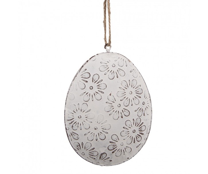 Bílé antik plechové závěsné vajíčko s kytičkama - 10*2*8 cm Clayre & Eef