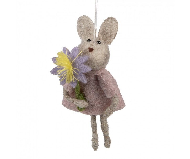 Šedý plstěný závěsný králíček s kytičkou Magiccal - 11 cm Clayre & Eef