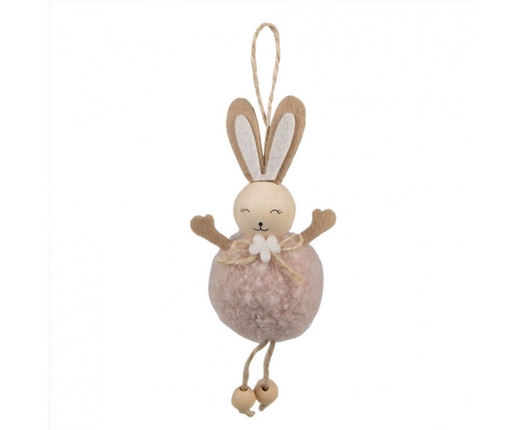Růžový plyšový závěsný velikonoční králíček s kytičkou Magiccal - 7*4*15 cm Clayre & Eef