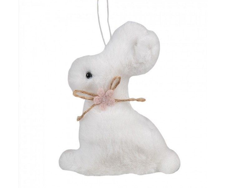 Bílý plyšový závěsný velikonoční králíček s kytičkou - 7*3*10 cm Clayre & Eef