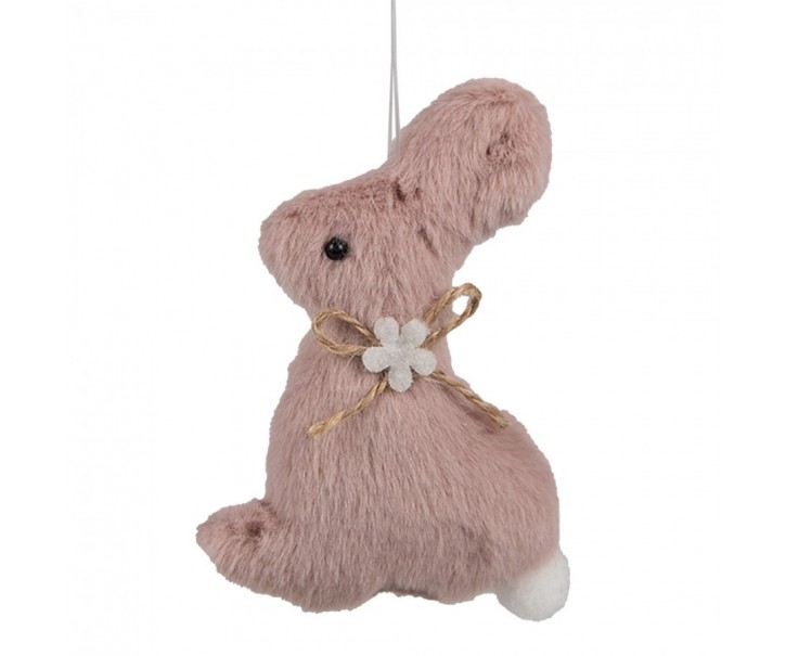 Růžový plyšový závěsný velikonoční králíček s kytičkou Magiccal - 7*3*10 cm Clayre & Eef