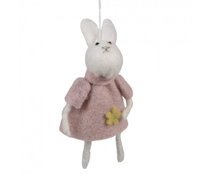Růžový plstěný závěsný velikonoční králíček s kytičkou Magiccal - 6*3*13 cm Clayre & Eef
