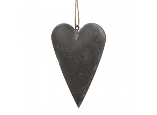 Šedé plechové ozdobné závěsné srdce s květinou - 11*2*8 cm