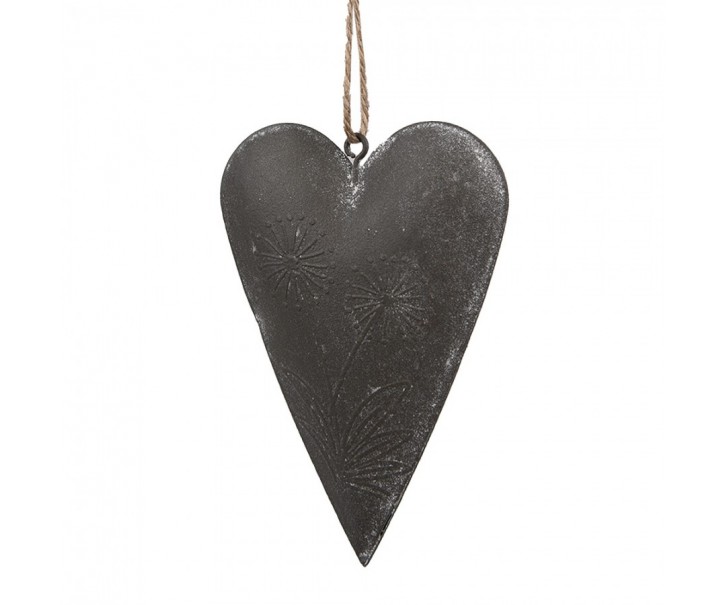 Šedé plechové ozdobné závěsné srdce s květinou - 11*2*8 cm Clayre & Eef