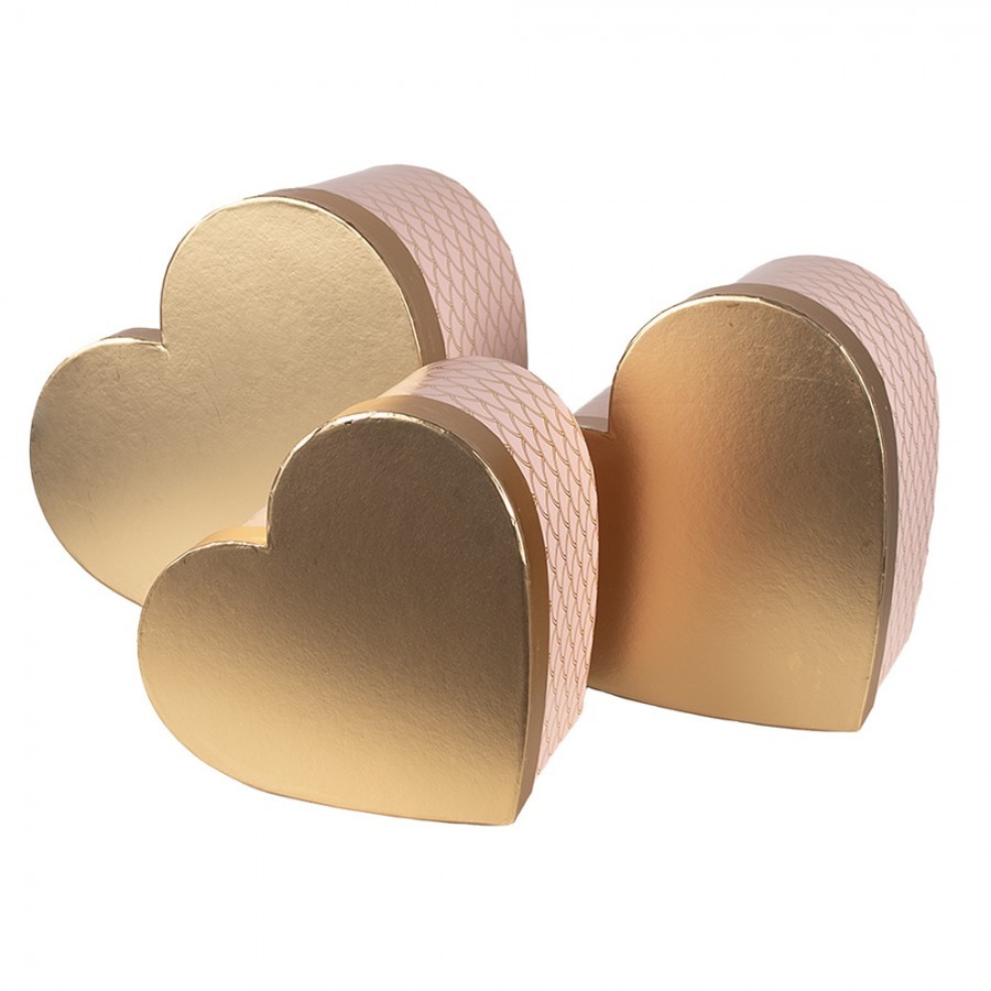Set 3ks růžovo-zlatý úložný box ve tvaru srdce - 27*24*15 / 24*21*14 / 21*19*12 cm Clayre & Eef Set 3ks růžovo-zlatý úložný box ve tvaru srdce - 27*24*15 / 24*21*14 / 21*19*12 cm Clayre & Eef