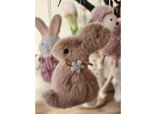 Růžový plyšový závěsný velikonoční králíček s kytičkou Magiccal - 7*3*10 cm