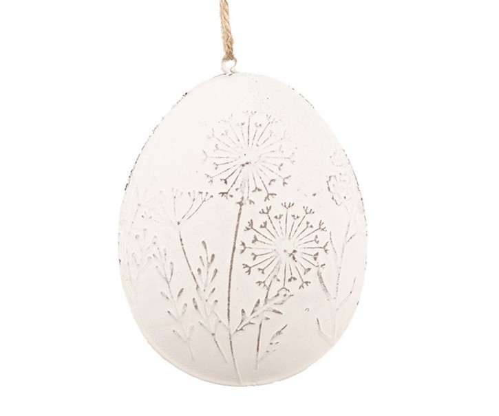 Bílé antik plechové závěsné vajíčko s kytičkama I - 10*2*8 cm Clayre & Eef