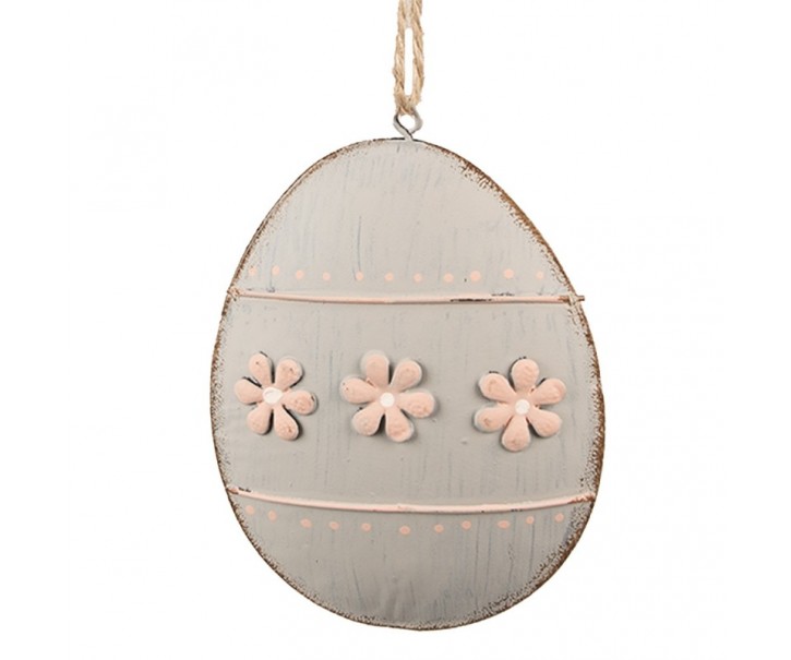 Šedé antik plechové závěsné vajíčko s květy - 10*2*8 cm Clayre & Eef
