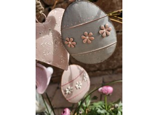 Šedé antik plechové závěsné vajíčko s květy - 10*2*8 cm