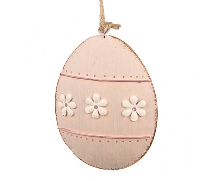 Růžové antik plechové závěsné vajíčko s květy - 10*2*8 cm Clayre & Eef