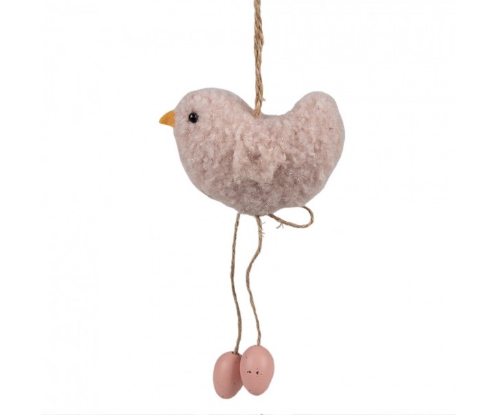 Růžový plyšový závěsný ptáček s vajíčky Magiccal - 10*3*14 cm Clayre & Eef