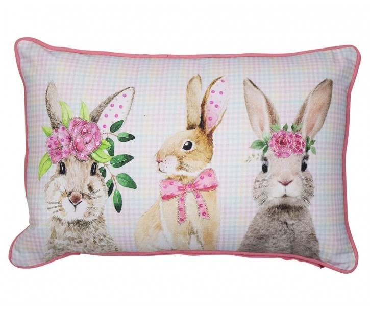 Růžový károvaný polštář s králíčky Rabbio - 45*15*35cm Mars & More 