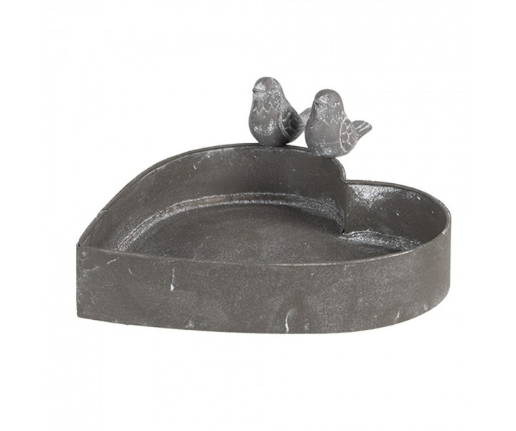 Šedý plechový květináč ve tvaru srdce s ptáčky - 19*17*7cm Clayre & Eef
