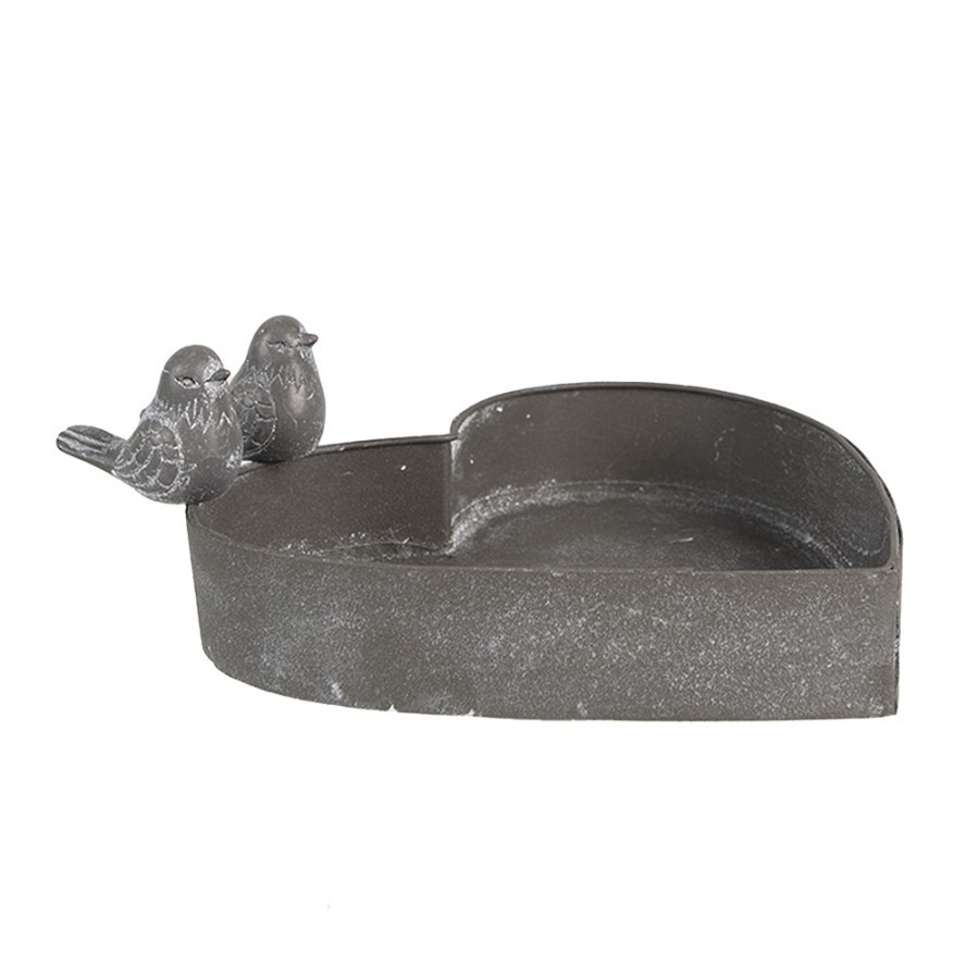 Šedý plechový květináč ve tvaru srdce s ptáčky - 19*17*7cm Clayre & Eef Šedý plechový květináč ve tvaru srdce s ptáčky - 19*17*7cm Clayre & Eef