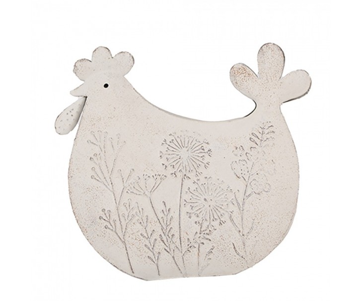 Bílá antik kovová dekorace slepička s lučními květy - 15*6*14 cm Clayre & Eef