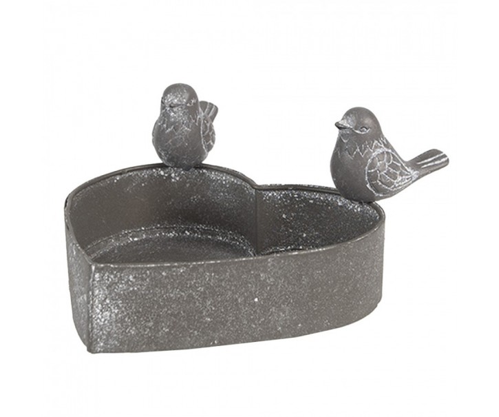 Šedý plechový květináč ve tvaru srdce s ptáčky - 14*12*7 cm Clayre & Eef