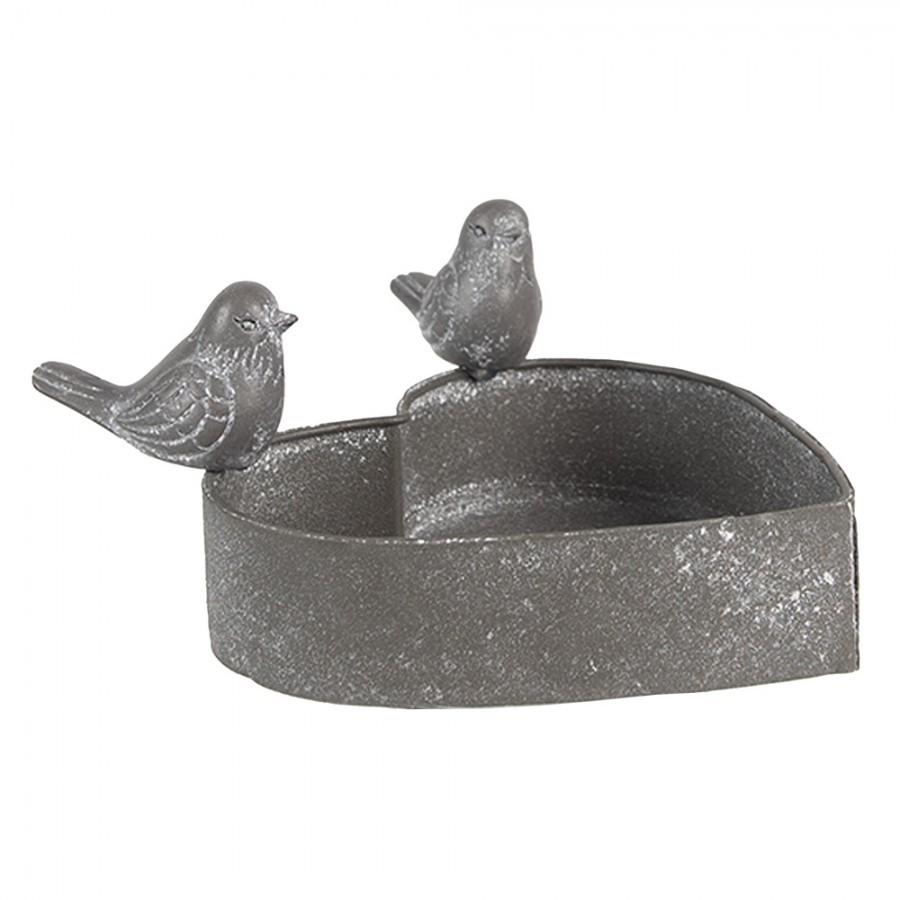 Šedý plechový květináč ve tvaru srdce s ptáčky - 14*12*7 cm Clayre & Eef Šedý plechový květináč ve tvaru srdce s ptáčky - 14*12*7 cm Clayre & Eef