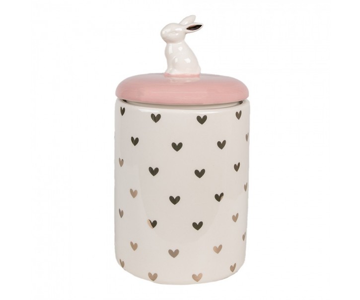 Růžovobílá keramická dóza s víkem Rabbit Heart - Ø 13x30 cm Clayre & Eef