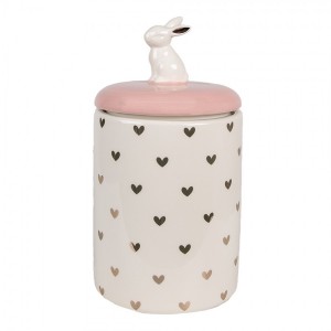 Růžovobílá keramická dóza s víkem Rabbit Heart - Ø 13x30 cm