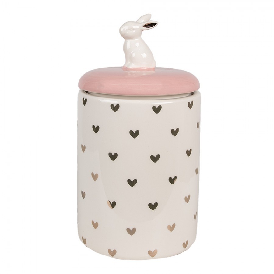 Růžovobílá keramická dóza s víkem Rabbit Heart - Ø 13x30 cm