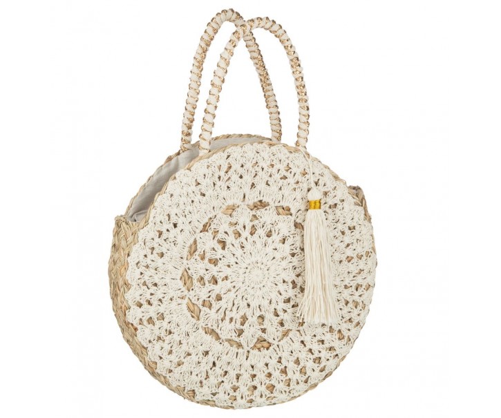 Plážová kulatá taška z mořské trávy s krajkou Beach Bag Lace - Ø 40*7cm J-Line by Jolipa