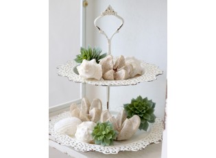 Krémový antik dekorační kovový etažér Lace - Ø 21*25 cm