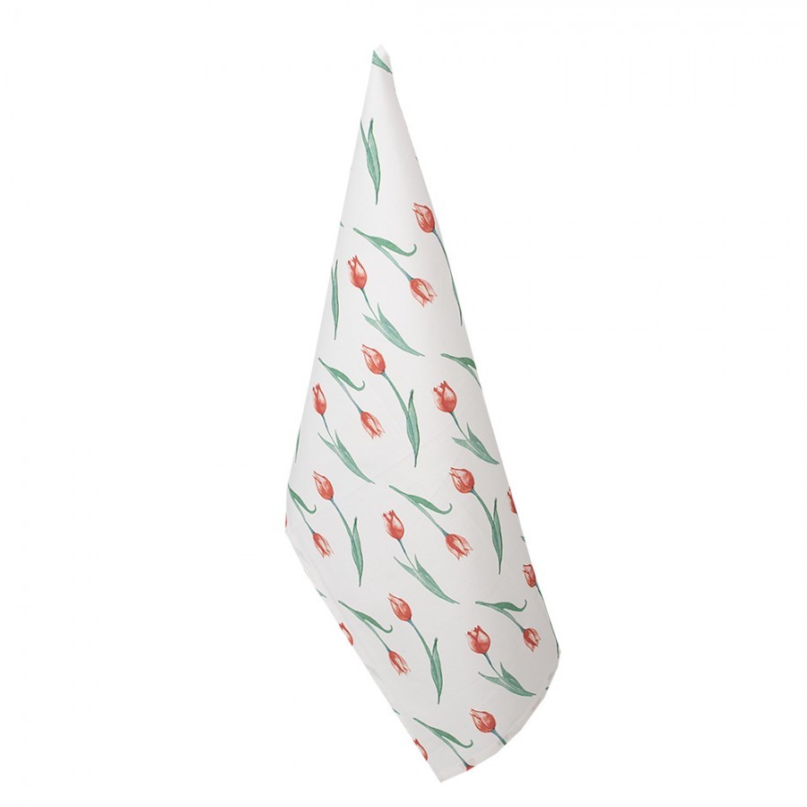 Bílá bavlněná kuchyňská utěrka s tulipány - 47*70 cm Clayre & Eef Bílá bavlněná kuchyňská utěrka s tulipány - 47*70 cm Clayre & Eef