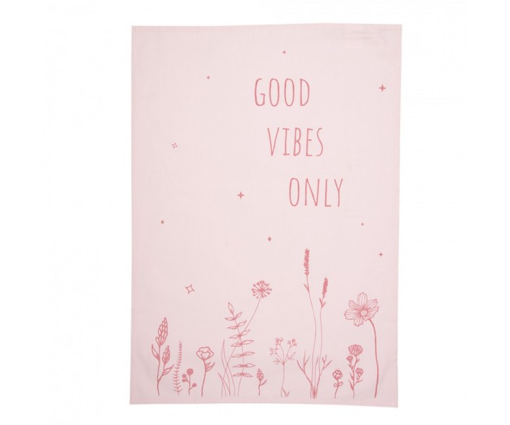 Růžová bavlněná utěrka s kytičkami Good Vibes Only - 47*70 cm Clayre & Eef
