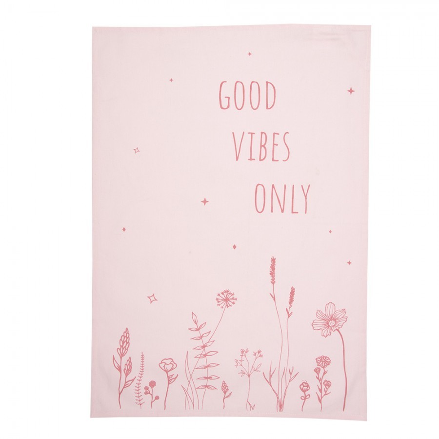 Růžová bavlněná utěrka s kytičkami Good Vibes Only - 47*70 cm