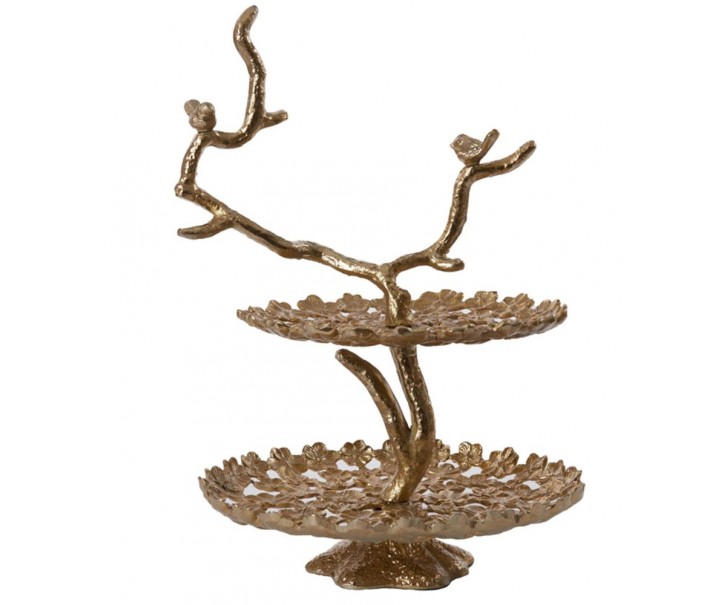 Bronzový kovový 2-patrový etažér s ptáčky Tresa Bird Antique - 37*35*53 cm Light & Living