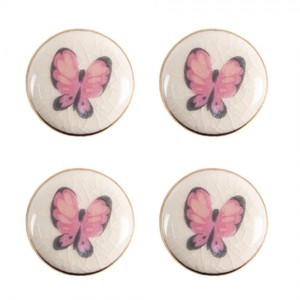 Set 4ks béžová keramická úchytka s motýlky - Ø 3 cm 